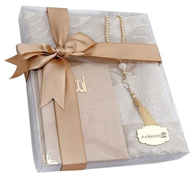 Ramadan24 Geschenkset Koran Gebetsteppich islamische Gebetsperlen | Heilige Geschenke für Muslime | Kuran Tasbih Sajjad 110x70cm (Gold)