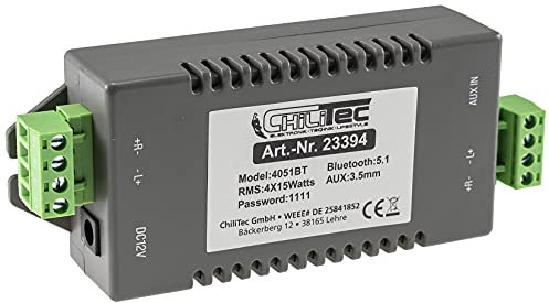 ChiliTec Amplificatore Bluetooth 4 canali + AUX IN 4 x 15 Watt Mini incasso ricevitore Bluetooth 12 V con uscita amplificatore per cucina, ufficio, soggiorno