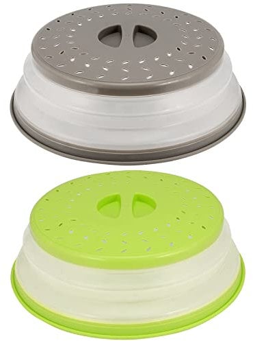 SEUNMUK 2 PCS 10.5 Inch Collapsible Microwave Splatter Cover, Silicone Microwave Food Cover with Steam Vents, Multi-Functional Plastic Fruit Basket Strainer, BPA-Free, Green and Gray