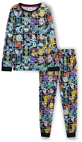 Pokemon Pyjamas for Boys & Teenagers Long PJs Set Soft Breathable Pikachu Nightwear Loungewear Comfy Jammies Sleepwear Anime Gifts for Boys (13-14 Years, Black AOP)