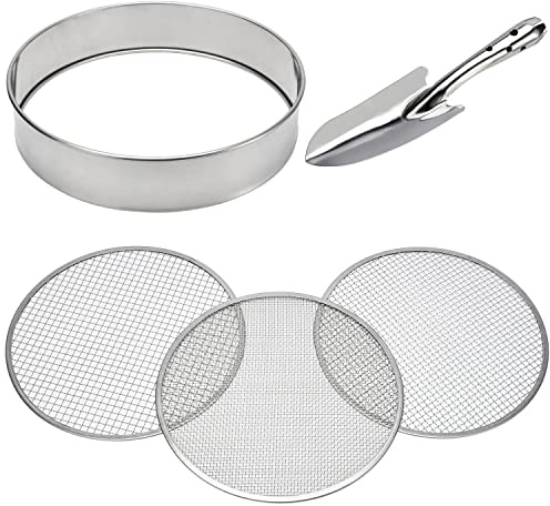 Bodensieb Edelstahl Rätselsieb Set 30,5 cm Durchmesser mit 3 austauschbaren Filtermaschengrößen 3,6,9mm und Schaufel