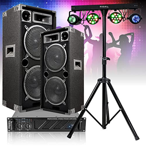 IBIZA Sound Light – Pack de sonido de 3600 W total – Amplificador AMP1000-MKII 2 x 800 W – 2 altavoces de 1000 W – Pack de 4 juegos de luz DJLIGHT60 – Soporte de pie