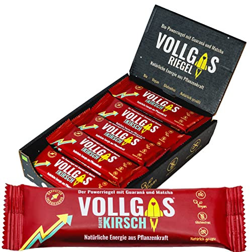 Vollgas Riegel Sauerkirsch - Energieriegel mit 30mg Koffein - Vegan, BIO, Glutenfrei - Leicht Verträglich - Sportriegel für Radsport, Laufen, Wandern - Vor und Während dem Sport