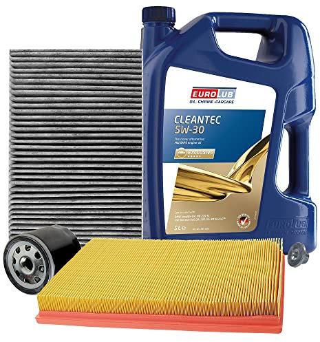 BESTPRICE Inspektionspaket Filterset mit 1x Ölfilter; 1x Luftfilter; 1x Innenraumfilter (Aktivkohle); 1x Ölablassschraube; 1x Motoröl 5W-30 CLEANTEC SAE 5 l, KOMPATIBEL MIT - OPEL ASTRA H