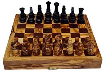 Schachspiel braun XL mit Spielfiguren aus Olivenholz, klappbar