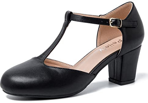 Peijely Mary Jane Damen-Pumps mit T-Riemen, Blockabsatz, Knöchelriemen, Schnalle, Kleid Pumps, Schwarz matt, 44 EU