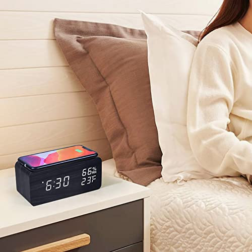 Wooden Digital Alarm Clock FM Radio, Fast Wireless Charger for iPhone/Samsung Galaxy, 5 Level Dimmer, USB Charging Port, 2 Sounds, Sleep Timer, Wood LED Clock for Bedroom, Bedside, Desk (Black)