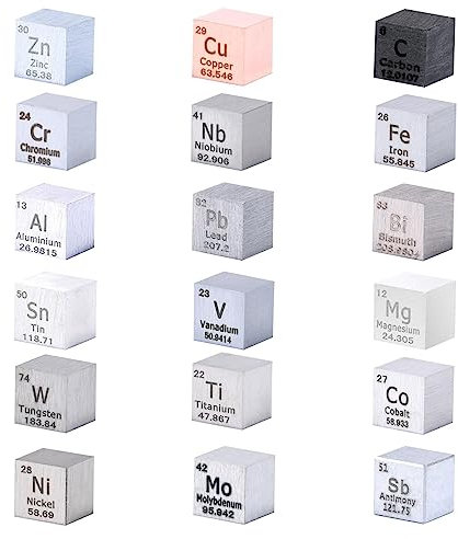 18 Teiliges Elementwürfel Set 10 mm, 99,95% Reinheit Metallwürfel, Periodensystem Elemente Titan, Aluminium, Kupfer usw für Elementsammlungen Material Hobbies