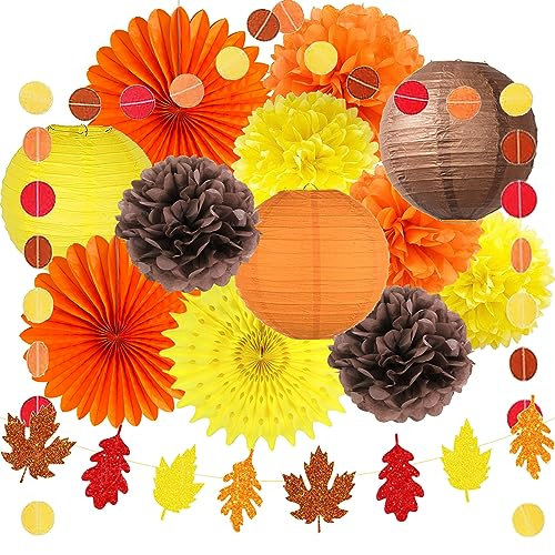 Herbst Party Deko Geburtstag Ahornblätter Girlande Papierfächer Orange Braun Gelb Papierlaterne Papierfächer Pompoms Set für Thanksgiving Herbst Party Hochzeit Geburtstag Dekoration