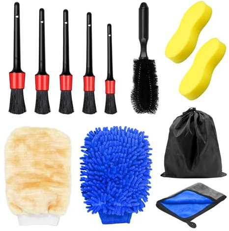 Kit Pulizia Auto Moto,12 PCS set di spazzole per la pulizia dell'auto, Spazzola per cerchioni, Spugna per autolavaggio,panno per auto per ruote,interni,finestrini, motore, console, cruscotto (12)