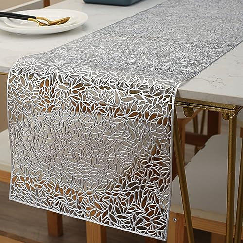 Hosoncovy Hohl Tischläufer Anti-Rutsch Dekorative PVC Tischmatten Tischset Hitzebeständige Matten für Home Party Küche Essen Hochzeit Dekor (150CM X 30CM) (Silber)