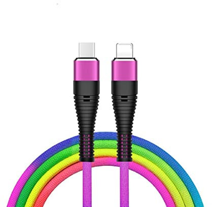 Colourful Rainbow USB-C Data Transfer/Sync & Charging Cable with (Compatible with lightning devices 14Plus/13/12/12 Pro Max/12 Mini/11/11 Pro/XS/Max/XR/X/8)… (USB-C to Compatible Lightning devices)