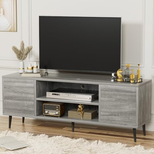 YESHOMY - Mueble de TV Moderno para TV de 65, Centro de Entretenimiento con Dos armarios de Almacenamiento, Consola Multimedia de Estilo Retro para Sala de Estar, Dormitorio, Oficina, 147 cm, Gris