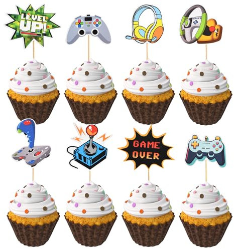 24 Stück Tortendeko Geburtstag Cupcake Toppers Videospiel Tortendeko Videospiel Thema Muffin Dekoration Kuchendekorationskarten für Jungen Kindergeburtstag Spiel Thema Party Dekoration