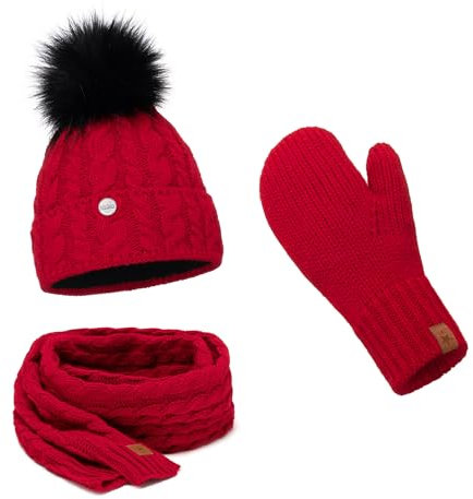ELIMELI® Damen Winter Mütze warme Strickmütze Wintermütze mit Bommel Slouch Strick Beanie Damen für Winter Bommelmütze Hergestellt in EU Farbenauswahl 15568 (Rot - Mütze Schal Handschuhe)