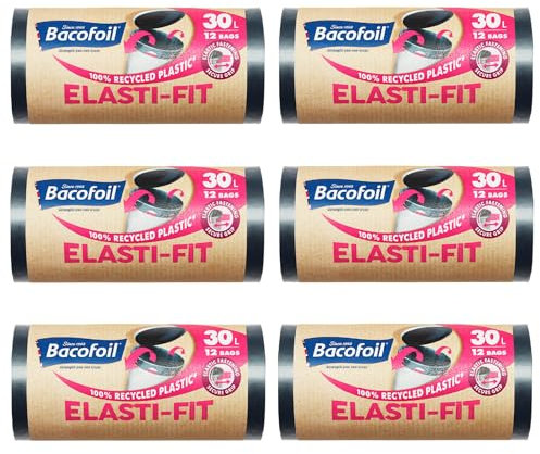 Bacofoil Elasti-Fit Bin Liners - 30L Recycled bin bags, 6 Rolls (72 Bags) - Leak-Proof, Elastic Fastening for Secure Fit - Made from 100% Recycled Plastic - Eco-Friendly Waste Disposal.