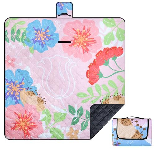 Neloheac Picknickdecke Wasserdicht 200x200 cm Rosa, Tragbare Waschbar Piknik Decke Groß Blumenmuster, Campingdecke für Trocken Strand BBQ Picknick Wandern Reisen