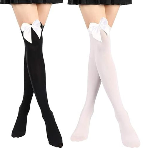 ZEACCT 2 Paia di Calzini Alti Alla Coscia con Fiocchi, Raso da Donna Sopra il Ginocchio Calzini, Calze Alte Lunghi con Fiocco, per Halloween, San Valentino, Bomboniere Quotidiane