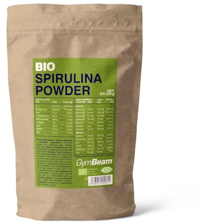 GymBeam Bio-Spirulina-Pulver - Aus dem Superfood Spirulina, GMO-frei, gluten- & laktosefrei, hoher Proteingehalt, mit Vitamin B1, B2, B6, reich an Eisen & Jod, unterstützt Energiestoffwechsel, 250 g