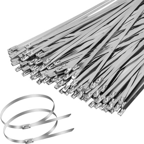100pcs Metal Zip Ties 11.8 inch 304 Stainless steel Heavy duty Multi-purpose Self-locking Cable Ties Suitable for Exhaust Wrap, Chain Link Fence Parts, Wire Fence Rolls, Poultry Fence Outdoor binding