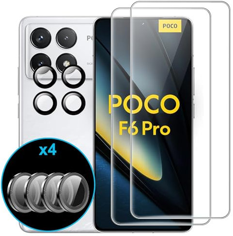 FDHYFGDY 2 Piezas para Xiaomi Poco F6 Pro 5G Cristal Templado, 4 Piezas de película de Vidrio para cámara, película Templada de dureza 9H, Protector de Pantalla Resistente a rayones y sin Burbujas