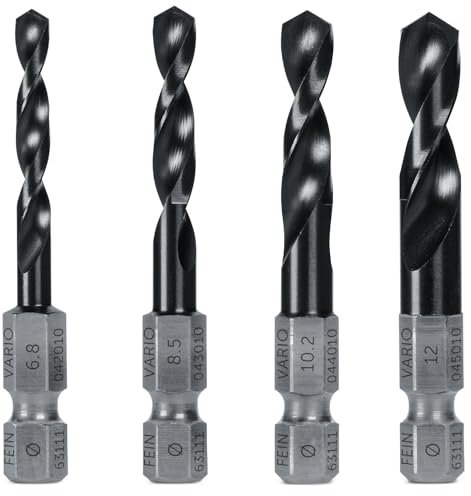 FEIN 4-teiliges VARIO Spiralbohrer Set mit den Größen 6.8 mm, 8.5 mm, 10.2 mm und 12 mm, hoher Materialfestigkeit, Reibungsarm, Vorbohren fuer Gewindeschneiden