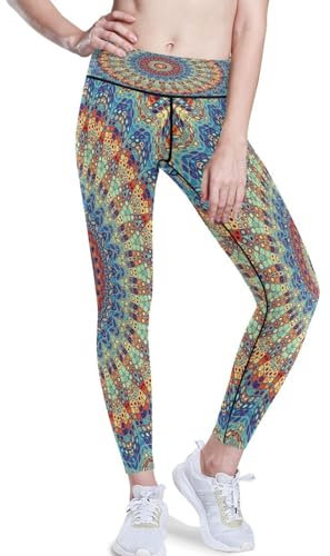 Yoga-Hose für Frauen mit Hoher Taille,Runden Mandala Ornament Fitnessstudio Trainieren Laufen Hose Yoga Leggings für Frauen Boho Ethnisch