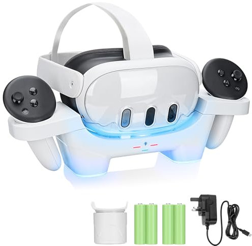 LYtech VR Charging Dock for Quest 3 Charging Stand for Oculus/Meta Quest 3 Magnetic Charging Station for VR Headset and Controllers Quest 3 Charging Dock with UK Adapter, RGB Light and 4 Batteries