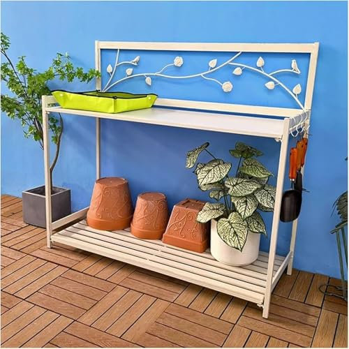GYDUHYE Banc de rempotage, table de rempotage en métal avec étagère ouverte à 2 niveaux, table de travail de jardin pour la plantation (taille : 126,5 x 45 x 115,5 cm, couleur : blanc)