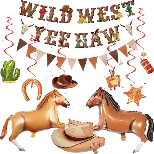 Western Cowboy Party Dekorationen Kit - 37 Stück Cowboy Party Dekoration Wild West Yee Haw Banner Wimpel Hängende Wirbel Hut Kuh Folienballons für Junge Cowgirl Western Geburtstag Babyparty Supplies