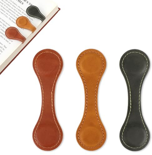 Dimeho 3 Stück Leder Magnet Lesezeichen Doppelseitig Lesezeichen Retro Buchseitenhalter Handgefertigt Buchklammern Personalisierte Seitenmarkierungen Niedlich für Bücherwurm (Grün, Gelb, Braun)