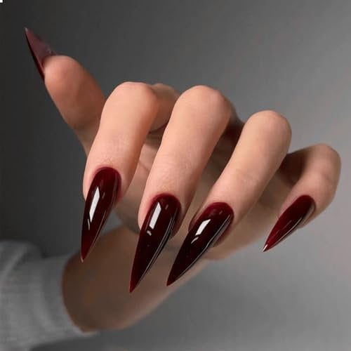 GlamRays Press on Nails Long False Nails Dark Red Acrylic Nail Cosplay Manicure Full Cover Adhesive Nail Gel Press On Nails Pack of 24