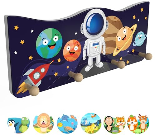 bunnyboo Kindergarderobe aus Holz mit 4 Kleiderhaken - Kindliche Designs - Wunderschöne Garderobenleiste (Astronaut)