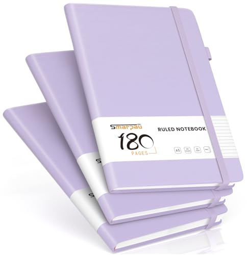Smarpau A5 Lined Notebooks, 3 Pack Hardcover College Ruled Notebook 540 Pages, Leather Journals for Women Writing, No Bleed, for Office School Travel Supplies, 14.5 x 21cm - Light Purple