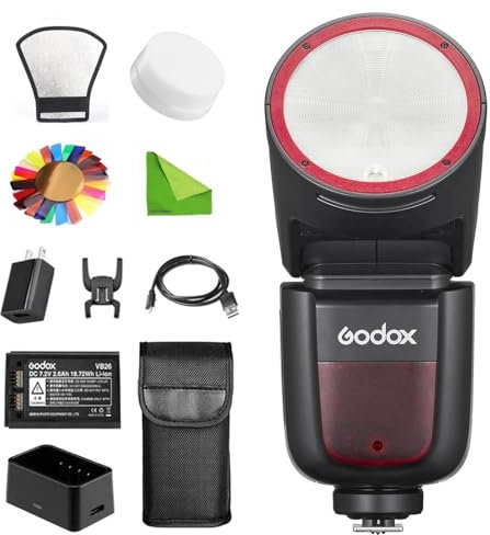 GODOX V1 V1-N V1N Blitz für Nikon Flash Speedlite Speedlight, 76 Ws 2,4 G TTL Rundkopf, 1/8000 HSS, 480 Aufnahmen mit voller Leistung, 1,5 s Wiederaufladezeit, Li-Ionen-Akku-Blitz
