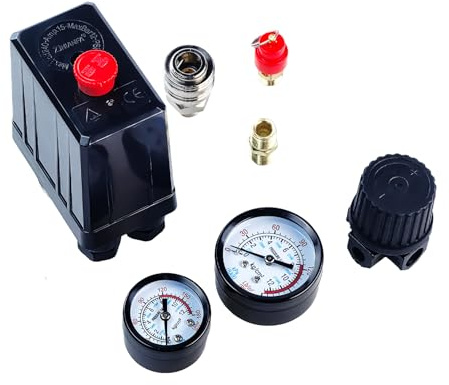 Druckregler mit Druckschalte, Luftregler Kompressor Druckwächter Luftkompressor Schalter Druckminderer IG 1/4, 220V Steuerventil Ersatzteile mit Schnellkupplungen Manometer Abschaltautomatik 90-120PSI