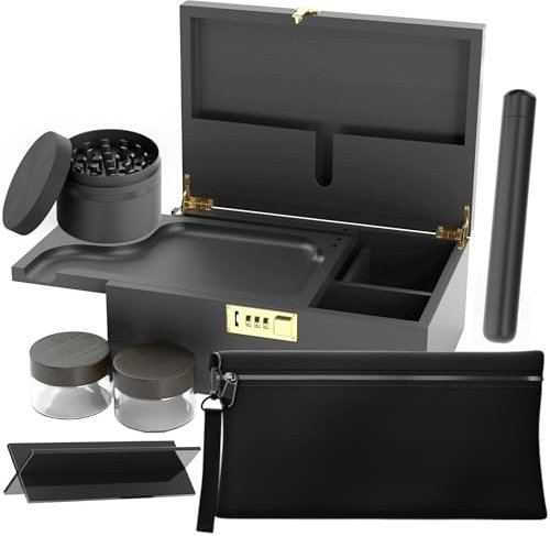 Wooden Stash Box Kit with Grinder, Smell Proof Bag, Wooden Rolling Tray, Tube, Two Glass Containers and Rolling Stand - Complete Smoking Accessories Set