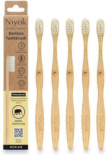 Niyok® Bambus Zahnbürste Tierschutz 5er • Zahnbürste aus Bambus • Mittelweiche Borsten • Natürliche Holzzahnbürste • Nachhaltige Zahnbürsten • Toothbrush • Plastikfrei & Vegan