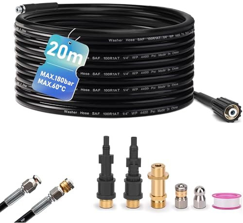 Juego de mangueras de limpieza de tuberías de 20 m, incluye 3 adaptadores, 2 boquillas de chorro + boquilla giratoria compatible con Karcher K2-K7, Lavor, Bosch - Juego universal de limpieza de