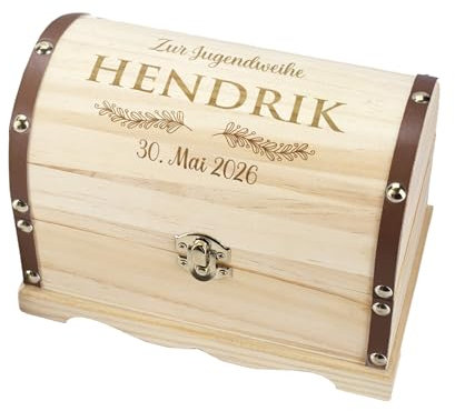 Herz & Heim® Personalisierbare Schatztruhe aus Holz mit Gravur – Geschenkbox mit Wunschtext – 3 Größen – Truhe für Geldgeschenke, Erinnerungen & mehr (M)