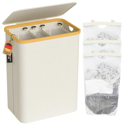 AdelDream 160L Wäschekorb mit Deckel 3 Fächer Wäschekorb Wäschesack schmal Wäschesortierer Wäschebox Wäschetonne Wäschesammler mit Deckel Wäschetruhe Wäschekörbe laundry baskets Hellgrau