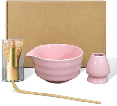 PZCC Ensemble de Matcha Japonais 4 Pièces, avec Fouet et Cuillère en Bambou, Bol Fait Main avec Bec Verseur, Support de Mélange en Céramique, Cadeaux Créatifs pour Les Amateurs de Matcha (Rose)