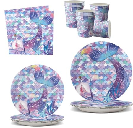 JSRHEEM Set di Posate per Feste a Tema Sirena - 50 Pezzi, Set di Piatti e Bicchieri Sirena con Tovaglioli, Adatto per 10 Persone - Decorazione per Feste di Compleanno a Tema Sirena