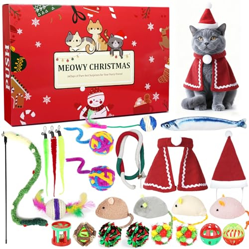 ANOTION Katzen-Adventskalender 2025-24 Tage Weihnachten Countdown Katzenspielzeug interaktives Katzenminze-Spielzeug Geschenk für Katzen, inklusive Federball, Klingelglocken-Ball und