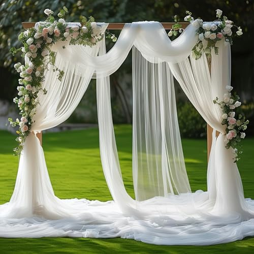 BSTDAYEVER Querbehang Freihanddeko vorhang Hochzeitsbogen Gardinen Organza | 75x700cm Weiß Traubogen Deko Himmelbett Hochzeit Vorhänge Stoff Kulissenvorhänge für Hochzeiten Fotografie Party Zeremonie