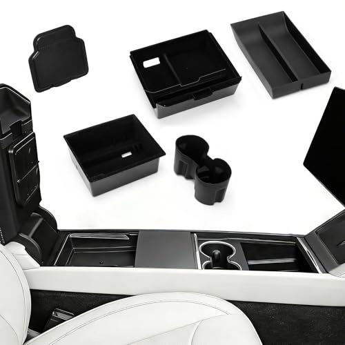 ANTREATU 5 Piece Accessories for Tesla Model Y Juniper 2025 2026: Center Console Organiser + Silicone Tray + Hidden Box + Armrest Storage Box + Cup Holder | Flocking & Tpe Material
