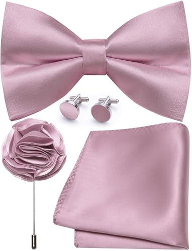 Ailisus Rosa Fliege Herren Vorgebunden Satin Fliege und Einstecktuch mit Ansteckblume Manschettenknöpfe Set für Feste