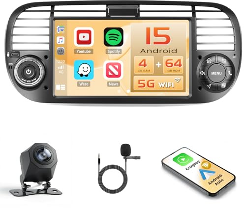 Ohradio Autoradio Android 15 7 per Fiat 500 2007-2015 Wireless CarPlay | 4+64GB. Android Auto, BT, GPS, WiFi, SWC, Retrocamera, MIC