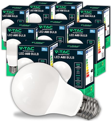 V-TAC 10x Bombillas LED E27-8,5W – [ALTÍSIMA EFICIENCIA] – A60 - (Equivalente a 60W) - 806 Lumen - Apertura del Haz de Luz 200° - Bombilla Ahorro Energético - Blanco Frìo 6500K