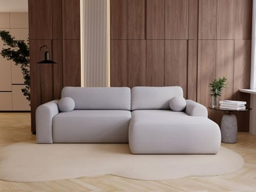 GRAINGOLD Savana L 257x177 cm, L-Form Sofa, Schlafcouch für Wohnzimmer, Bouclé-Stoff, 3-Sitzer Eckcouch, Ecksofa mit Bettkasten (Grau, Rechts)
